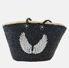 Handmade sequin basket with black shiny sequins and silver angel wings embroidery, featuring black leather handles. SHOPPING BAG, TOTE BAG, beach basket 