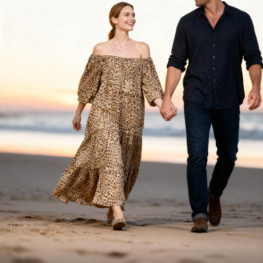 Off-shoulder leopard maxi dress camel tone styled in Sitia Crete
