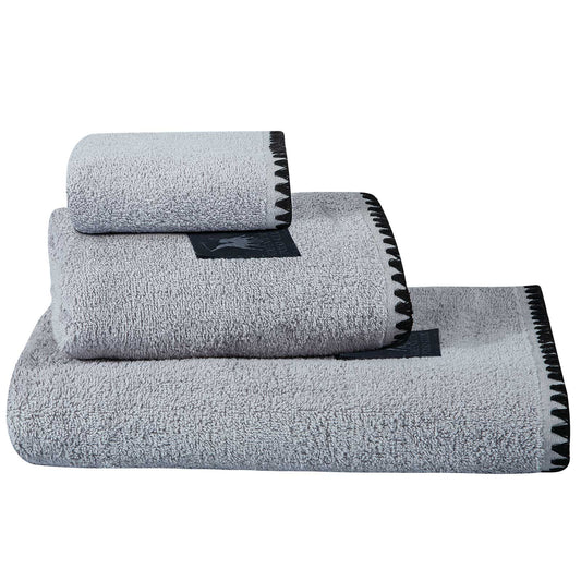 Luxury Greenwich Polo Club grey towel set 4110 in a modern spa setting with premium cotton towels and elegant black stitched detailing