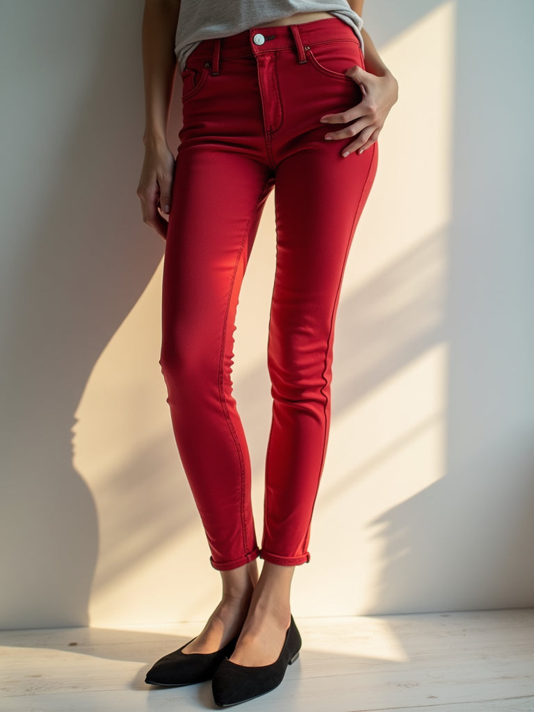 Front view of stretch skinny jeans with two pockets in red