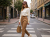 Side view of camel brown wool lounge trousers with elastic waistband and slim fit