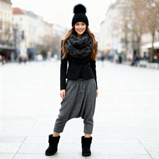 Woman wearing a black coat, gray scarf, black beanie, and gray harem pants on a city street.