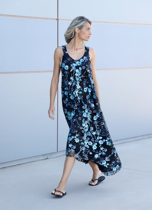 Exclusive blue and black floral dress one of a kind