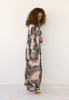 Side view of long pink animal print Italian silk kimono by VVC, luxury evening outfit with elegant flowing fit.