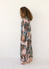 Side view of long pink animal print Italian silk kimono by VVC, luxury evening outfit with elegant flowing fit.