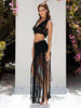 Boho-chic black festival set, macrame wrap skirt with fringes, cropped bolero vest, free size EU 36-40