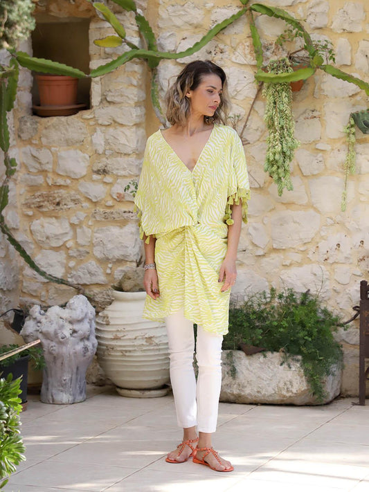 VVC Playful Boho Top front view, apple green zebra pompoms, multi-purpose beach cover-up