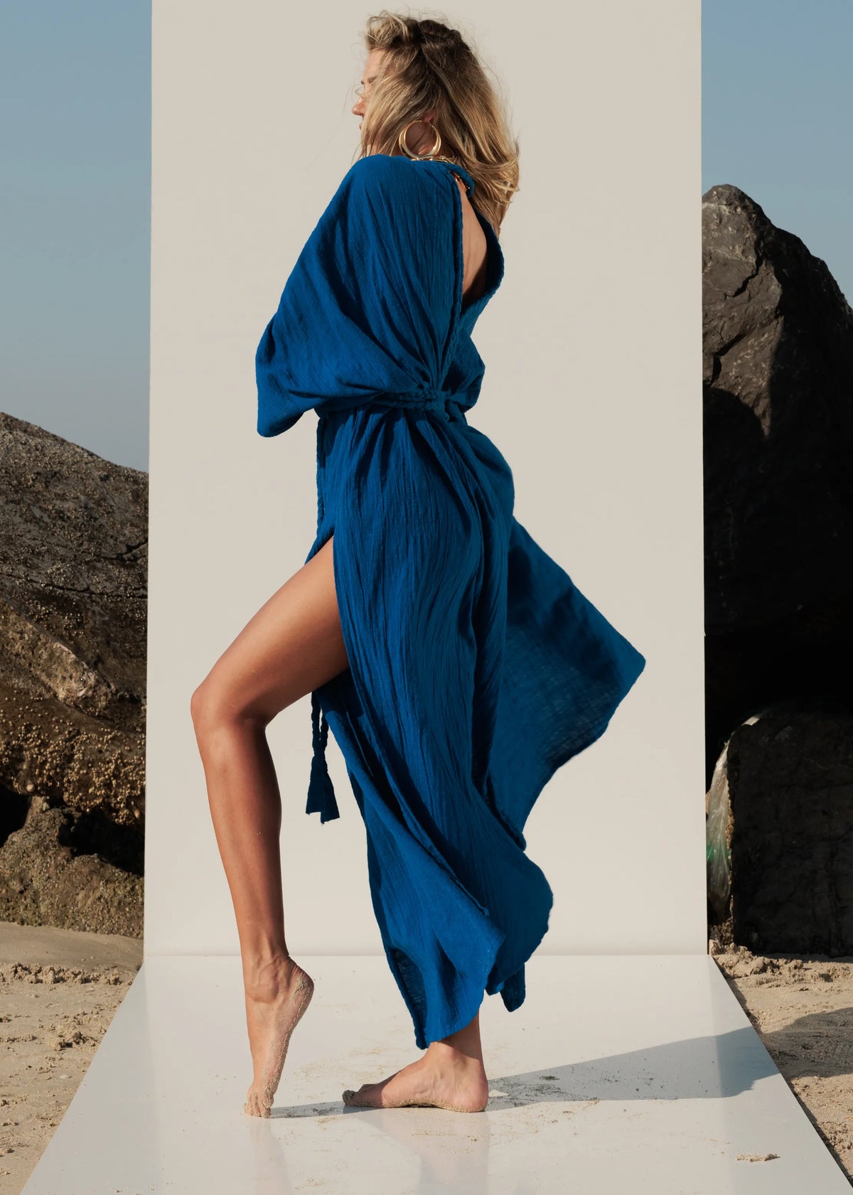 Front view of marine blue Aphrodite maxi dress, free size boho cotton crepe design