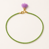 Full view of 40 cm green strass fashion jewellery necklace with purple textile flower, available in Sitia Crete and online at viktoria-vigh.com