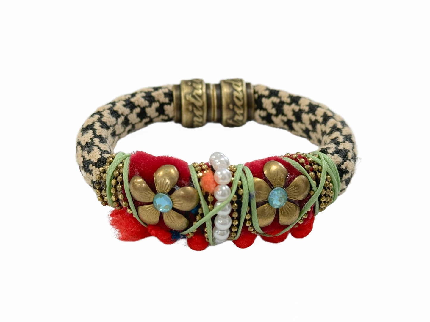Front view of the ART WEAR Dimitriadis bracelet with bronze-tone flowers, strass, pearls and red pom-poms.