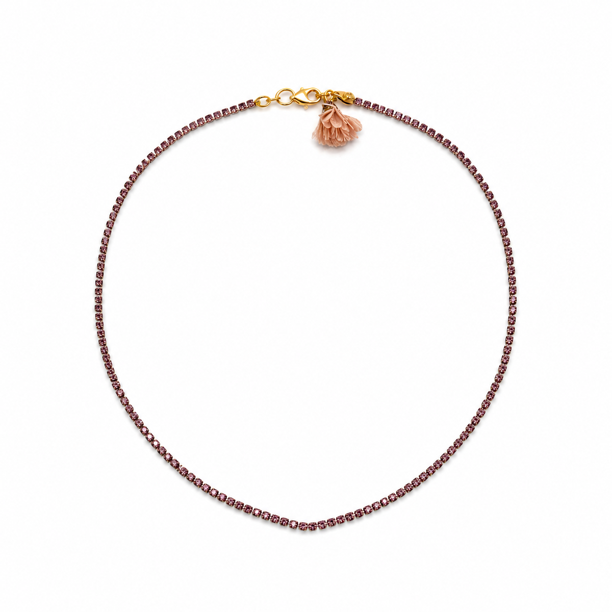 Full view of an aubergine glass rhinestone necklace featuring sparkling purple crystal beads and a gold-tone carabiner clasp, elegant women's statement jewelry, handcrafted fashion accessory, luxury necklace for special occasions, available at VVC SHOP Sitia Crete.