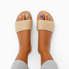 Beige fur leather sandals for women by VVC handmade in Greece front view comfortable summer slide sandals with natural cowhide leather