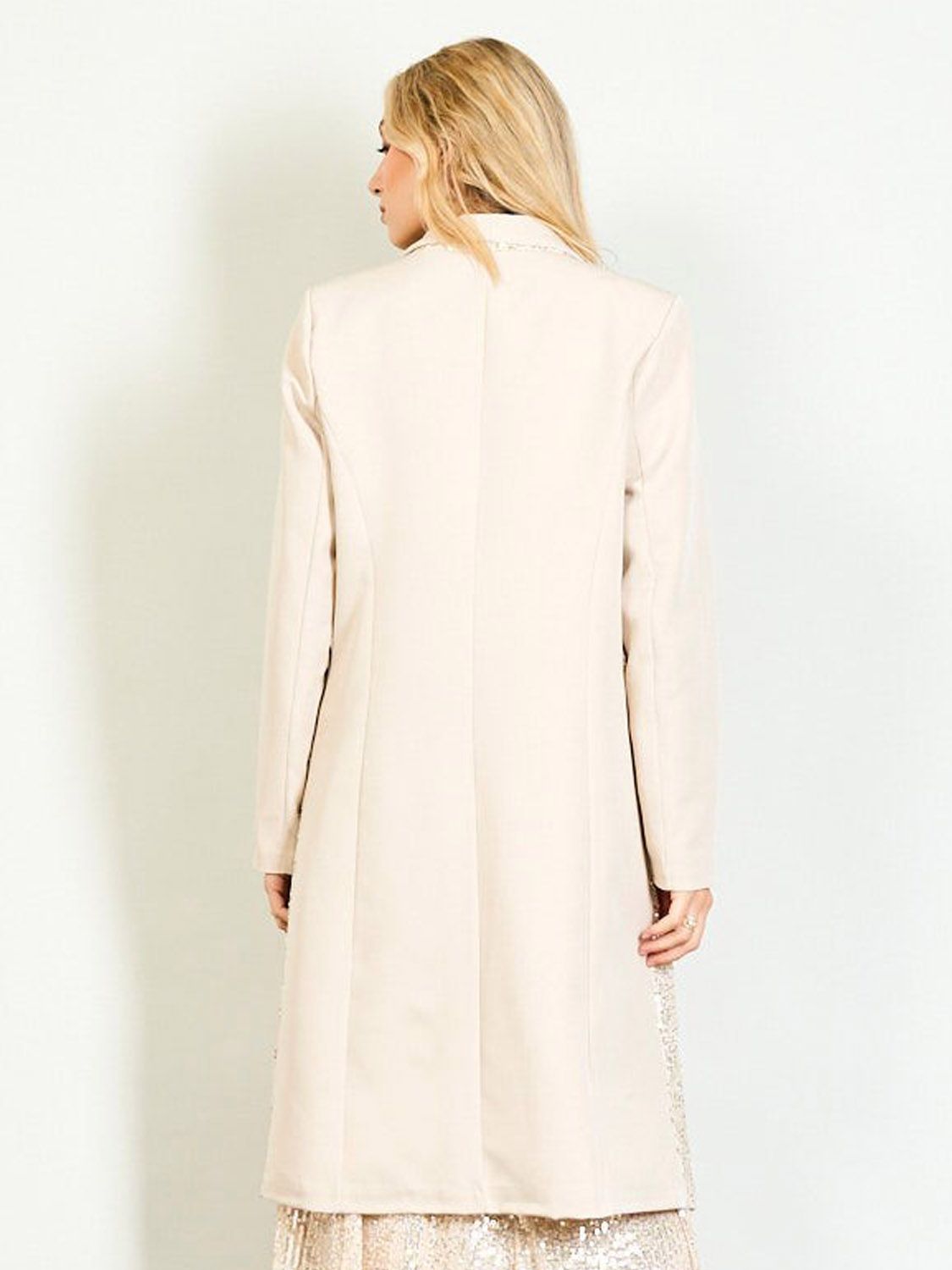 Back view of beige long tailored sequin blazer by Kenco, made in Italy, available at VVC Shop Sitia, Crete.