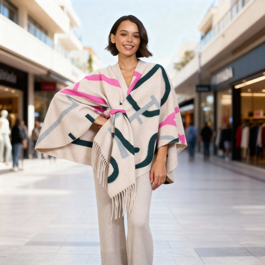 Beige and pink-gray poncho cape, Italian design with black large lettering and fringe detail