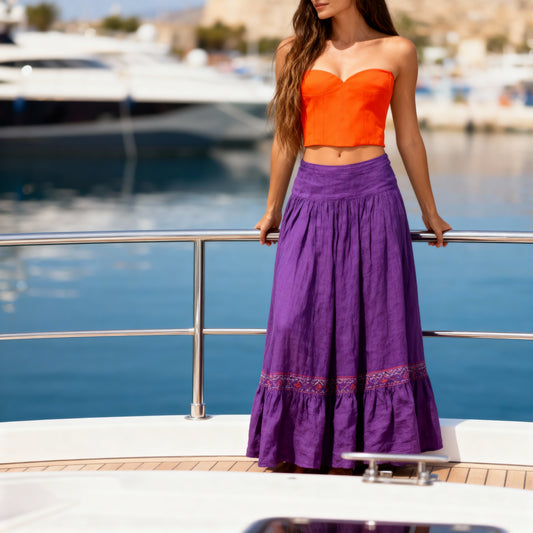 Back view of Berrin bandeau bustier top in neon orange with purple maxi skirt, elegant summer outfit at viktoria-vigh.com
