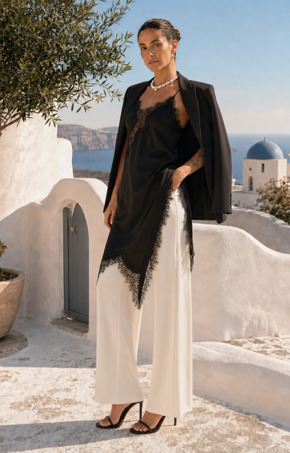 Tall brunette model styling a black asymmetric lace long top with ivory wide-leg trousers and a blazer at VVC Shop Sitia.