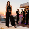 Black gold macramé top styled in an all-black luxury street style look for festivals, beach parties and resort evenings available in Sitia boutique