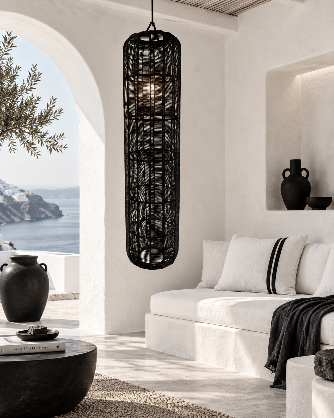 Black handmade macramé cylinder lampshade, 38 cm diameter x 170 cm high