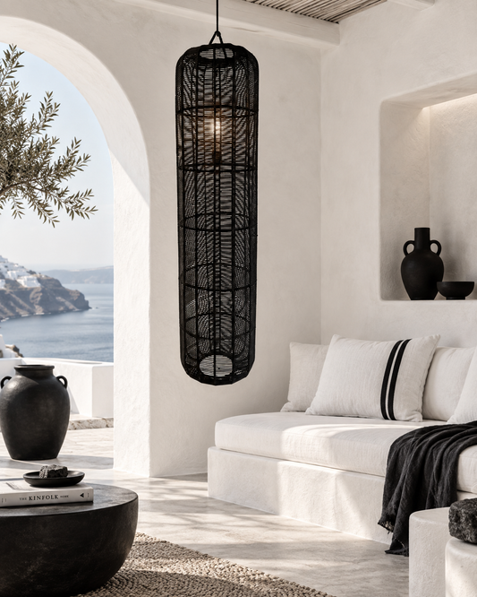 Black handmade macramé cylinder lampshade, 38 cm diameter x 170 cm high