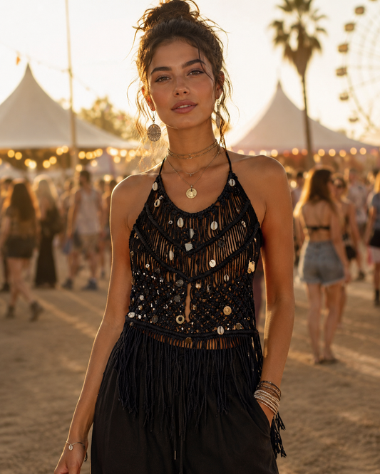 Black ZOE Macramé River Fringe Top with shells, sequins and cotton fringes at VVC Shop Sitia, Crete