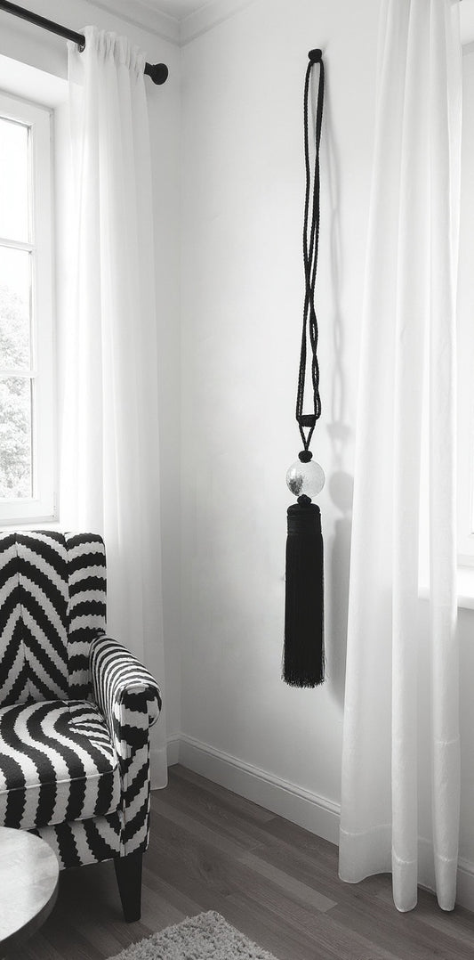Black and white armchair next to a wall with a long black tassel hanging from a hook.