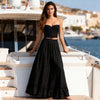 Front view of Berrin black bandeau bustier, classic cut with back zipper, soft viscose lining, sexy and versatile, available in Sitia