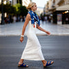 Blue and white fringed scarf worn around the neck in Boho style, lightweight and stylish, Sitia Crete