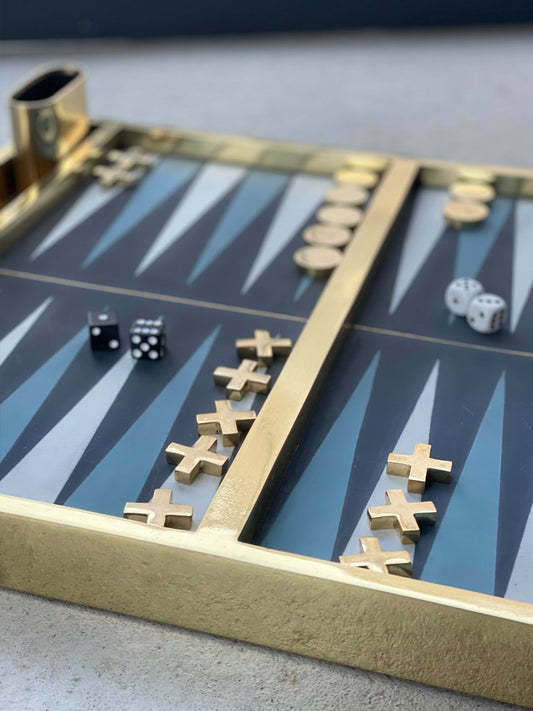 Luxury backgammon board crafted in Morocco by Popham Design, brass and leather, available in Sitia, Crete