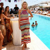 Front angle of multicolor crochet maxi cover-up with short sleeves and open side slits, boho style by VVC.