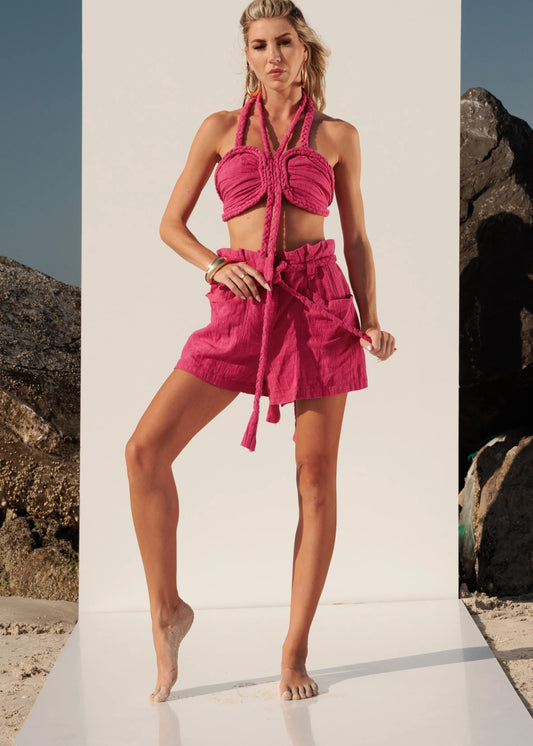Seleny boho two-piece set pink fuchsia with braided belt and decorative top