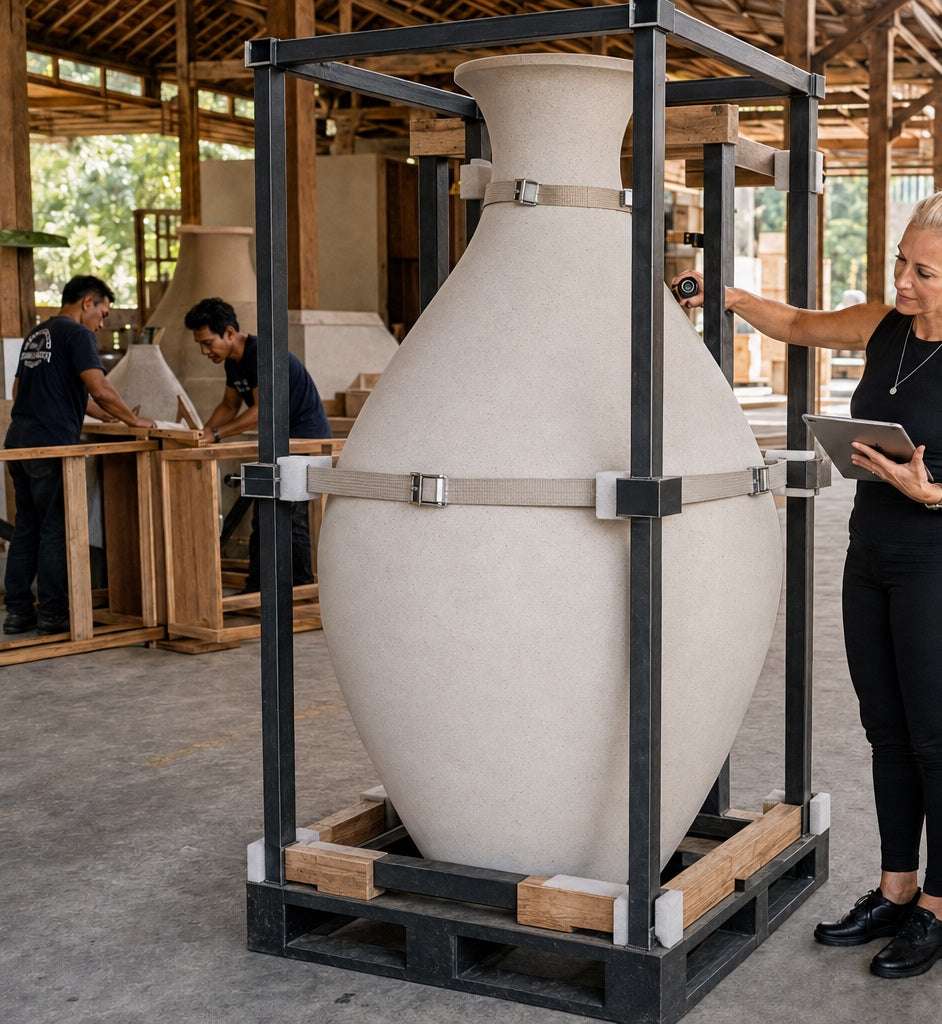 Viktoria Vigh inspecting a large ceramic vase protective black metal straps and wooden blocks, photographed inside a workshop with supplier staff during a buyer-side pre-shipment check.