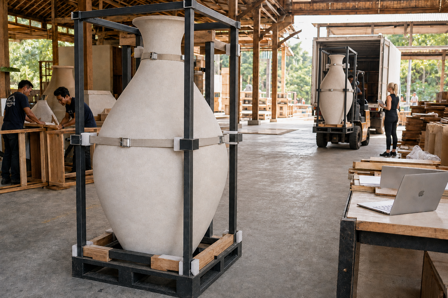 Large ceramic vessel secured for collection at a supplier facility during shipment readiness coordination.