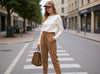 Camel brown slim fit wool trousers showing side profile and ankle cuff detail