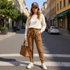 Camel brown slim fit wool trousers with wide elastic waistband and drawstring, front view