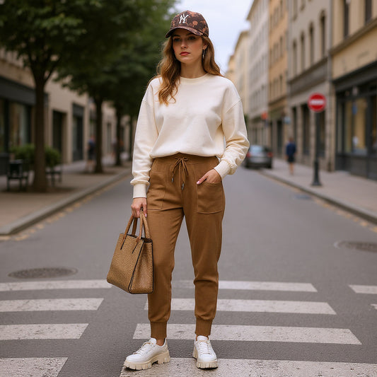 Slim fit wool trousers in camel brown with wide elastic waist and front pockets, front view