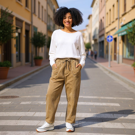 Front view of Camel Brown Made in Italy carrot cut pants — new arrival at the VVC Shop Sitia and VVC Online Shop.
