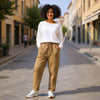 Camel Brown velour-feel pants, Made in Italy — new arrival in the VVC Shop Sitia and VVC Online Shop Black Friday sale.