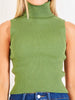 Front detail of Cherry Blue warm green sleeveless turtleneck knit top, soft Italian viscose blend with elegant ribbed texture.