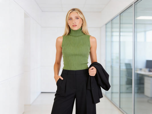 Cherry Blue sleeveless turtleneck knit top in warm moss green, Made in Italy, styled with black trousers for elegant office and everyday looks.
