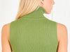 Back view of Cherry Blue sleeveless turtleneck knit top in warm forest green, Made in Italy with soft ribbed knit texture.