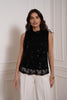 Side view of Choklate Paris black sleeveless sequin top styled for sophisticated party outfits, suits and blazer layering.