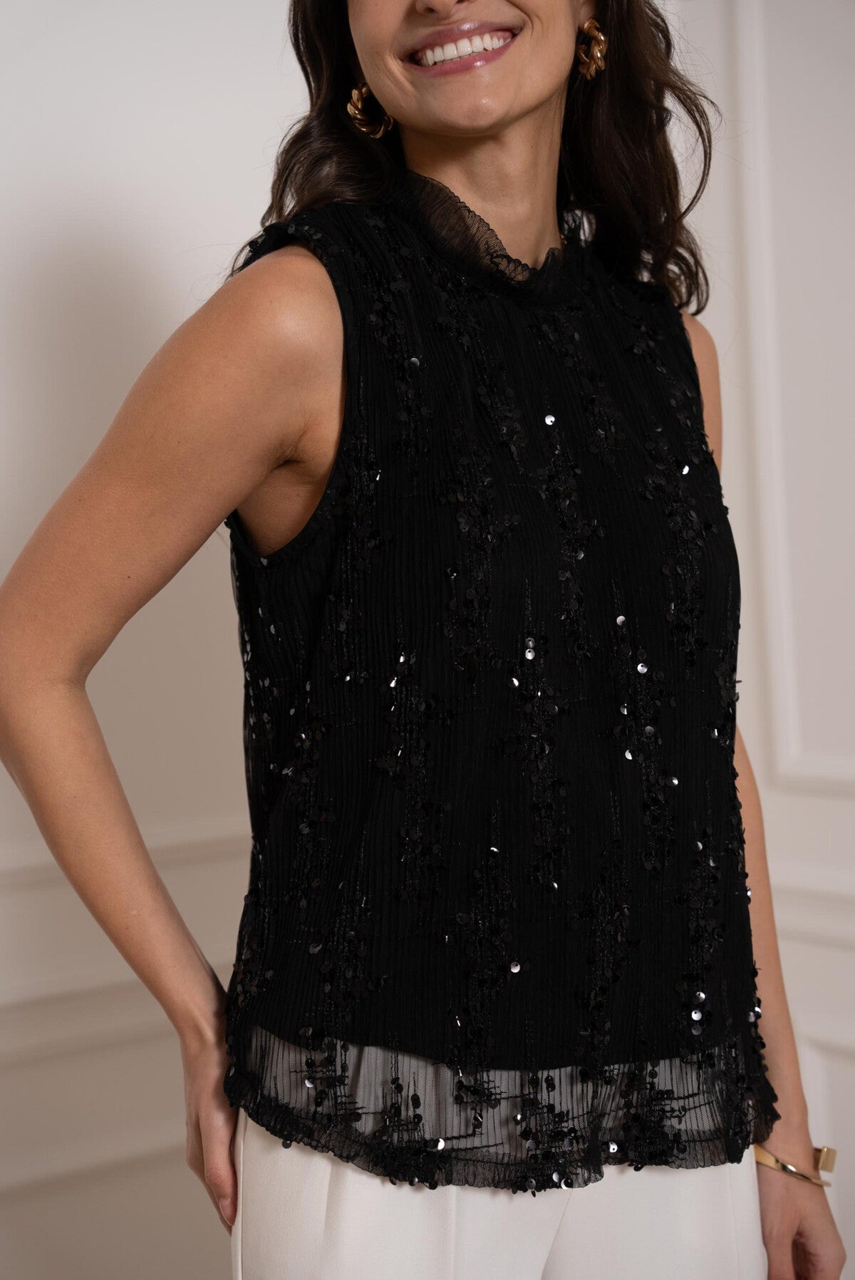 Choklate Paris black sleeveless sequin turtleneck top, glamorous evening and party top available at VVC SHOP Sitia Crete.
