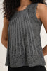Sleeveless gray floral lace top by Choklate Paris styled with matching shorts and flat sandals for a classy summer outfit in Sitia Crete
