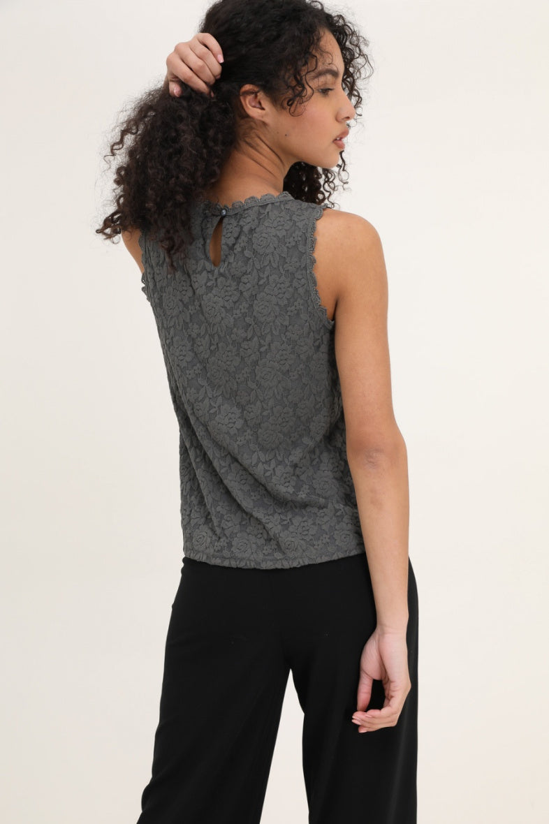 Back view of sleeveless gray lace top by Choklate Paris with floral lace pattern and regular fit, available at VVC SHOP Sitia in Crete