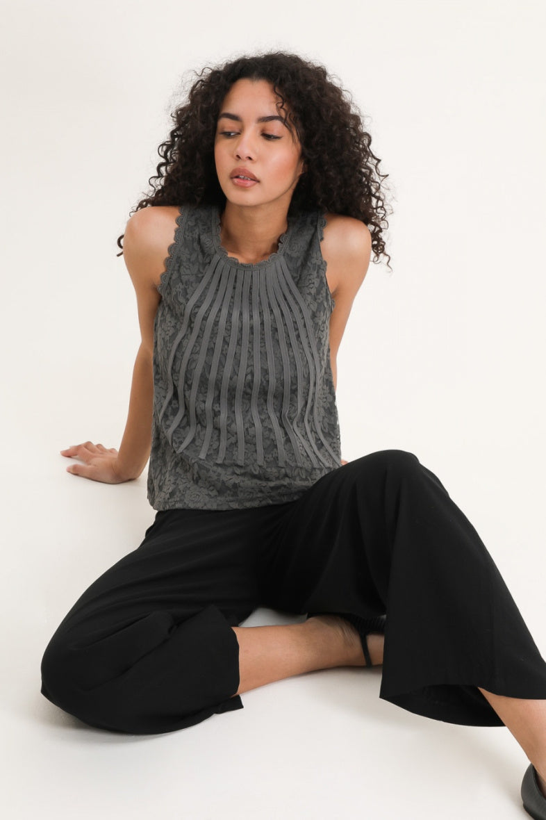 Choklate Paris sleeveless gray floral lace top styled with black trousers for elegant casual and dressy outfits, available in Sitia Crete