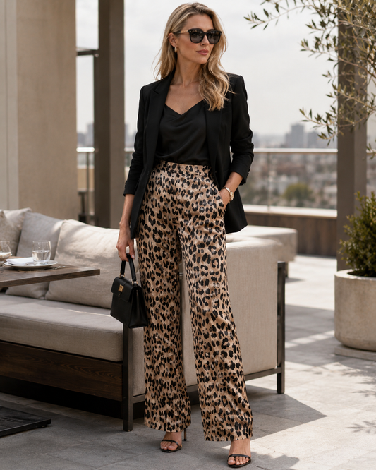 Choklate PARIS leopard wide-leg trousers styled with an elegant top for party looks, dinner outfits and bold feminine fashion