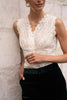 Choklate Paris sleeveless white lace top with V-neckline, styled for office layering, elegant suit outfits and evening looks from VVC SHOP Sitia Crete.