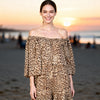 Close-up of the Civico camel-brown leopard maxi dress showing its layered off-shoulder neckline.