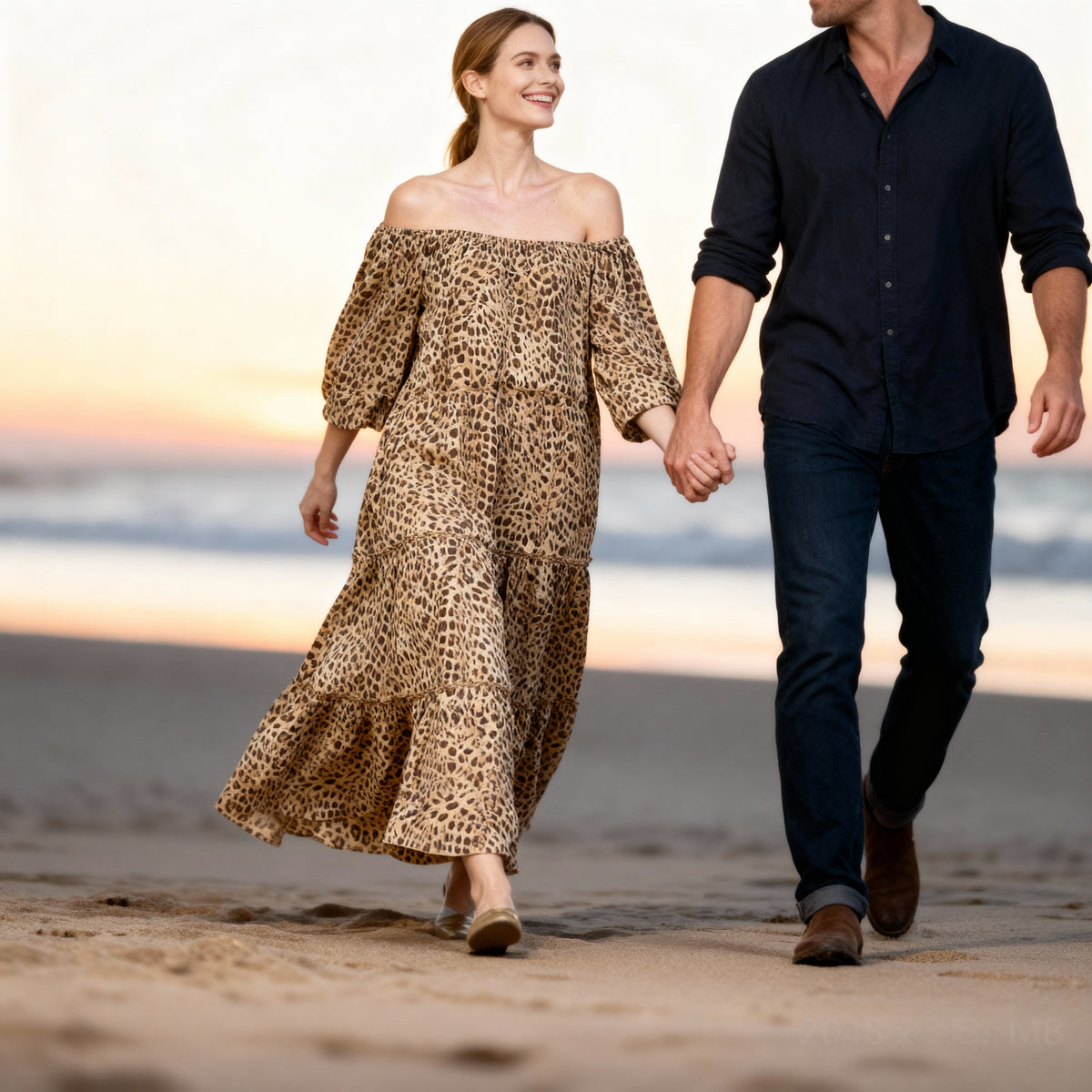 Woman wearing the Civico camel-brown leopard off-shoulder maxi dress in a lifestyle setting at VVC SHOP Sitia.