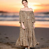 Front view of the Civico camel-brown leopard-print maxi dress showing its off-shoulder neckline.